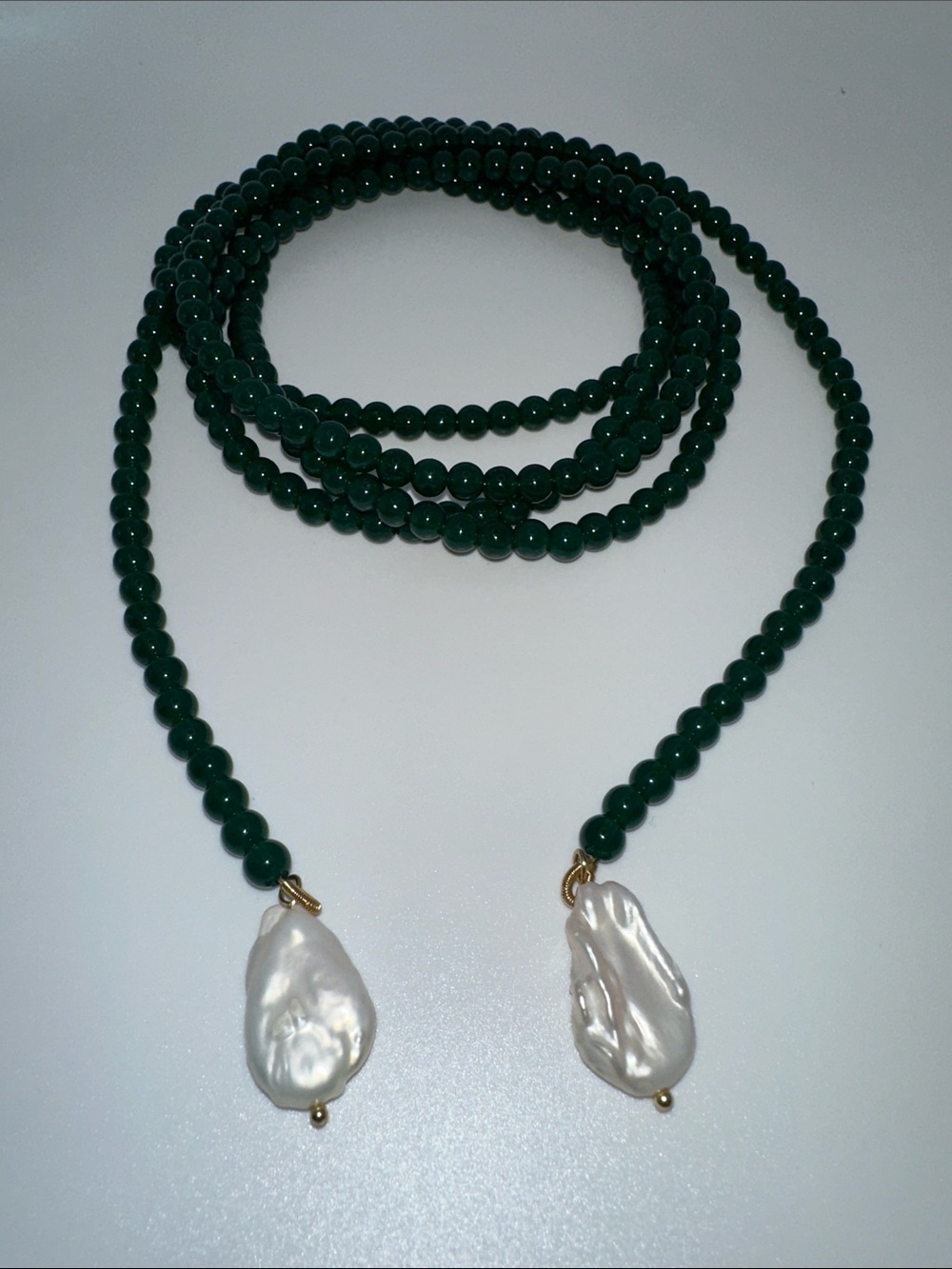 Green Beaded Necklace with Baroque Pearl Drops